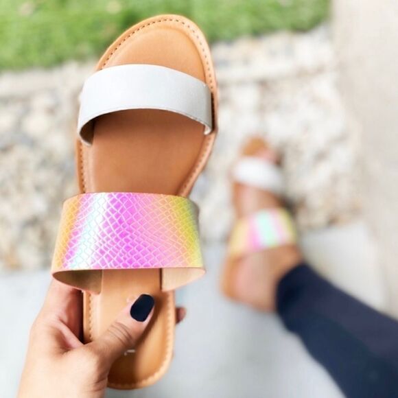 Holographic Snake Print Two Strap Summer Slide Sandals - Picture 2 of 3